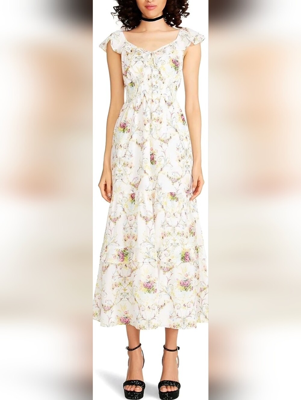 NWT. Betsey Johnson White Floral Maxi Dress w/ Pink & Green Accents. Size M. #AH